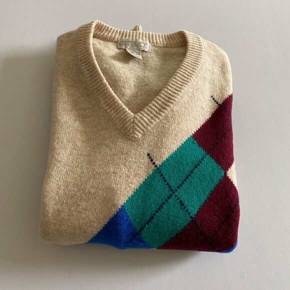 Vintage Cattivo Mens V Neck Large 100% Lambs Wool Sweater Beige Color Geometric - Picture 10 of 11
